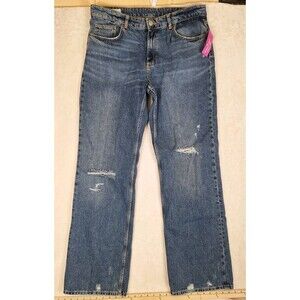 Zara Women’s Size 12 High Rise Distressed Wide Leg 100% Cotton Blue Jeans 36x34